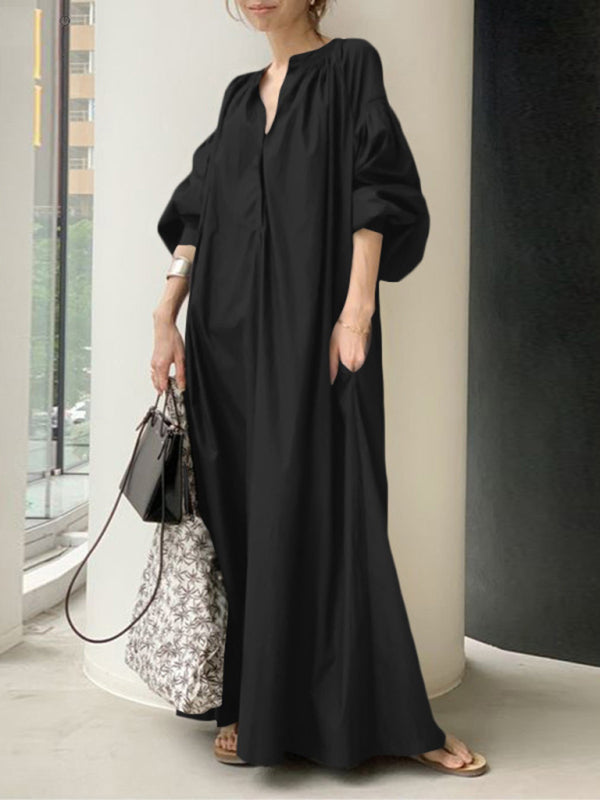 Dress- Maxi Tunic Dress for Women - Japanese Design, Oversized Fit, and Cotton Fabric- Black- IndioGear Fashion and Gear