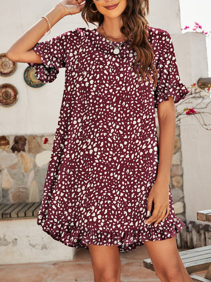 Dress- On-Trend Leopard Print Mini Dress- Wine Red- IndioGear Fashion and Gear