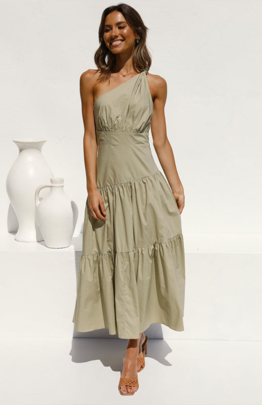 Dress- One Shoulder Cotton Midi Dress- Grey green- IndioGear Fashion and Gear