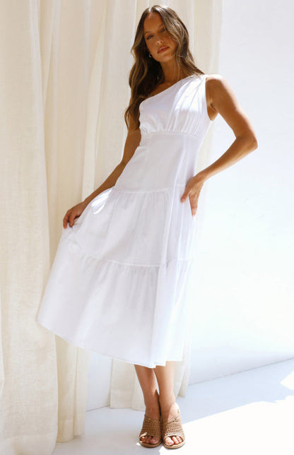 Dress- One Shoulder Cotton Midi Dress- White- IndioGear Fashion and Gear