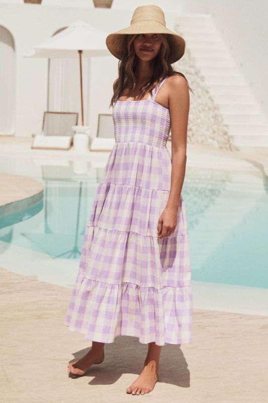 Dress- Plaid Tiered Shirred Cami Maxi Dress- - IndioGear Fashion and Gear