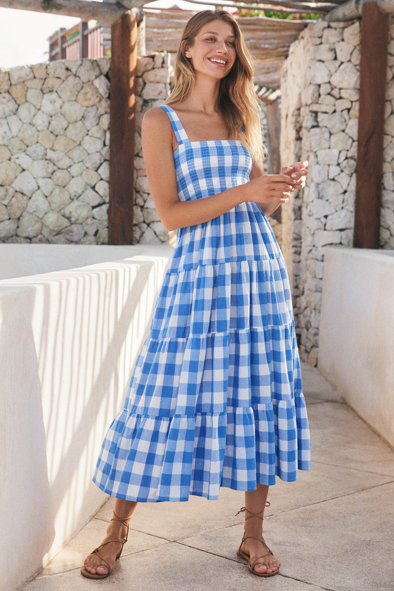 Dress- Plaid Tiered Shirred Cami Maxi Dress- - IndioGear Fashion and Gear