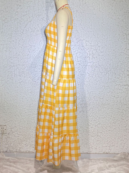 Dress- Plaid Tiered Shirred Cami Maxi Dress- - IndioGear Fashion and Gear