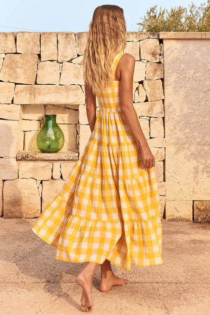 Dress- Plaid Tiered Shirred Cami Maxi Dress- - IndioGear Fashion and Gear