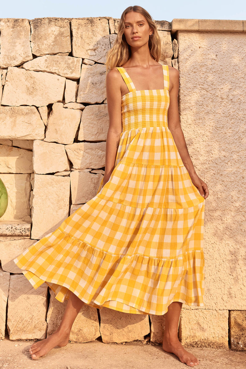 Dress- Plaid Tiered Shirred Cami Maxi Dress- - IndioGear Fashion and Gear