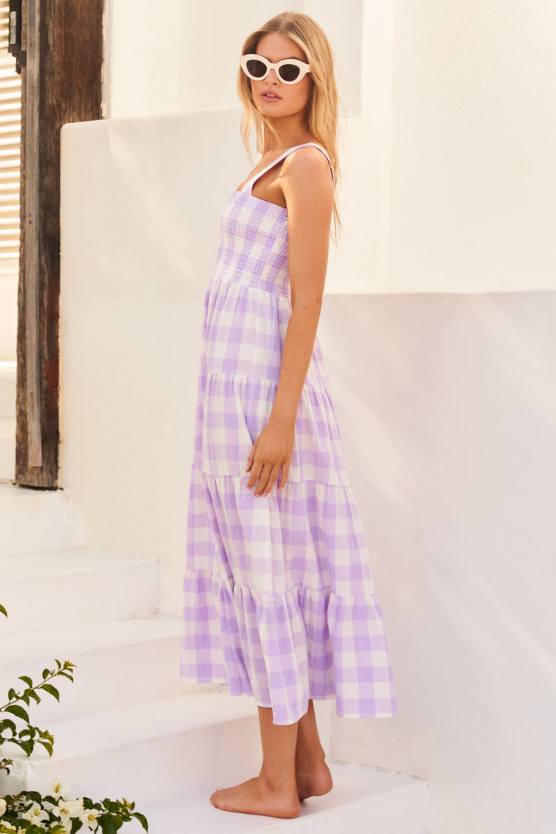 Dress- Plaid Tiered Shirred Cami Maxi Dress- - IndioGear Fashion and Gear