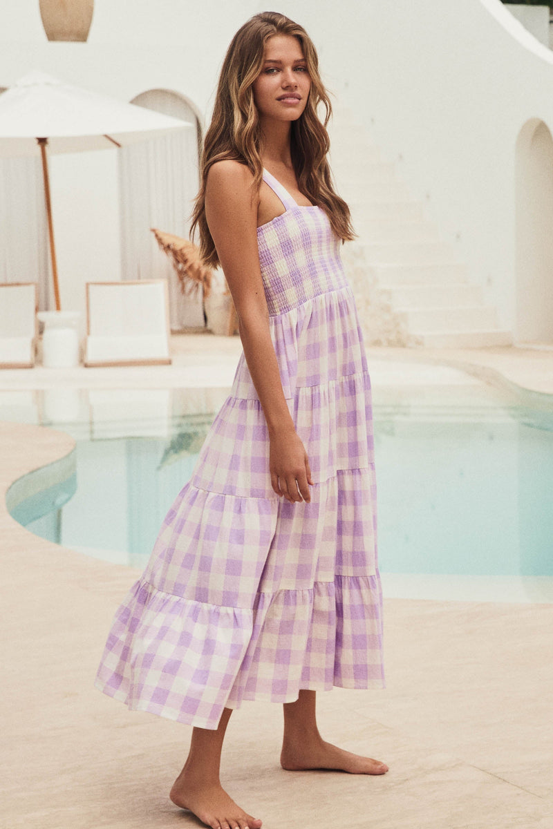 Dress- Plaid Tiered Shirred Cami Maxi Dress- - IndioGear Fashion and Gear