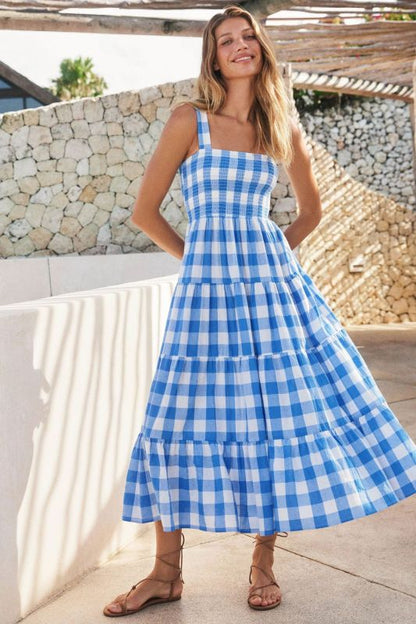 Dress- Plaid Tiered Shirred Cami Maxi Dress- Blue- IndioGear Fashion and Gear