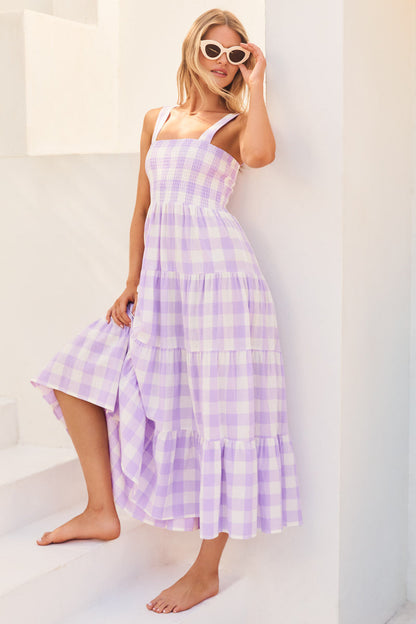 Dress- Plaid Tiered Shirred Cami Maxi Dress- Purple- IndioGear Fashion and Gear