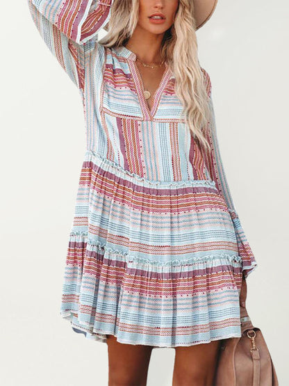 Dress- Printed Perfection: Women's Casual Dress with Stitching Detail- - IndioGear Fashion and Gear