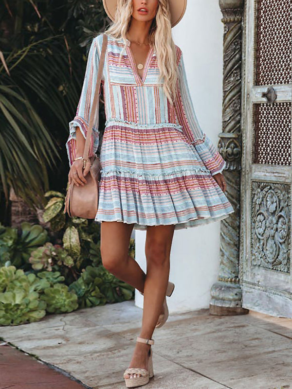 Dress- Printed Perfection: Women's Casual Dress with Stitching Detail- - IndioGear Fashion and Gear