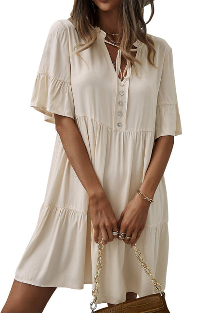 Dress- Relaxed Elegance: V-Neck Ruffle Mini Dress - Hurry, Shop Now!- - IndioGear Fashion and Gear