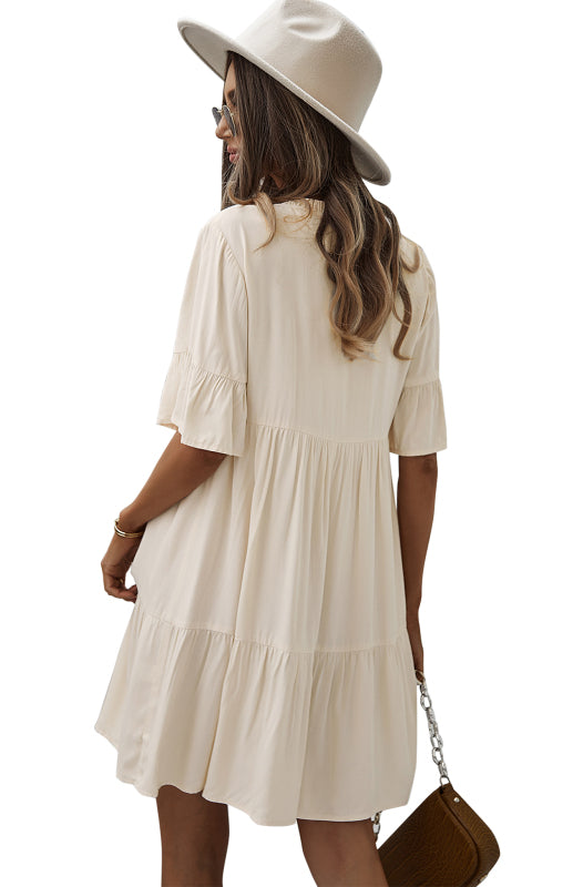 Dress- Relaxed Elegance: V-Neck Ruffle Mini Dress - Hurry, Shop Now!- - IndioGear Fashion and Gear