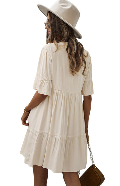 Dress- Relaxed Elegance: V-Neck Ruffle Mini Dress - Hurry, Shop Now!- - IndioGear Fashion and Gear