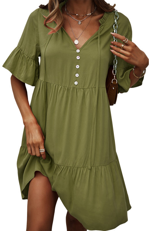 Dress- Relaxed Elegance: V-Neck Ruffle Mini Dress - Hurry, Shop Now!- - IndioGear Fashion and Gear