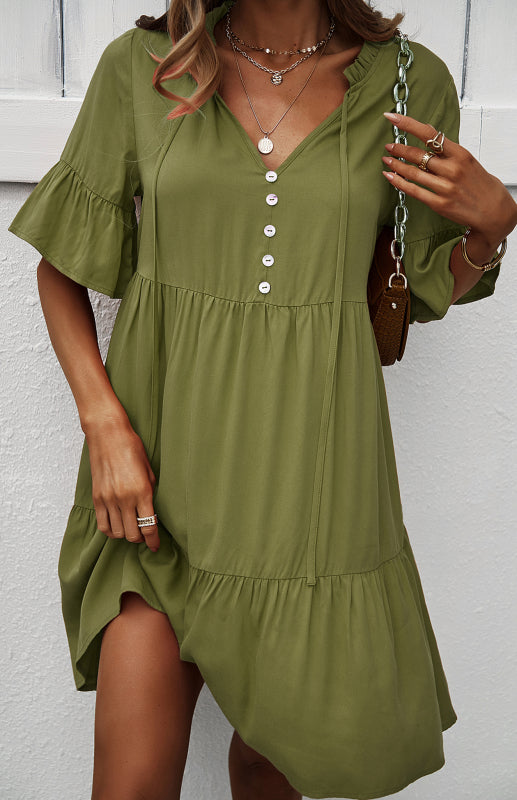 Dress- Relaxed Elegance: V-Neck Ruffle Mini Dress - Hurry, Shop Now!- - IndioGear Fashion and Gear