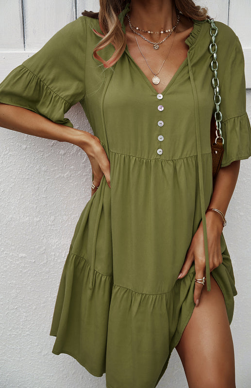 Dress- Relaxed Elegance: V-Neck Ruffle Mini Dress - Hurry, Shop Now!- - IndioGear Fashion and Gear