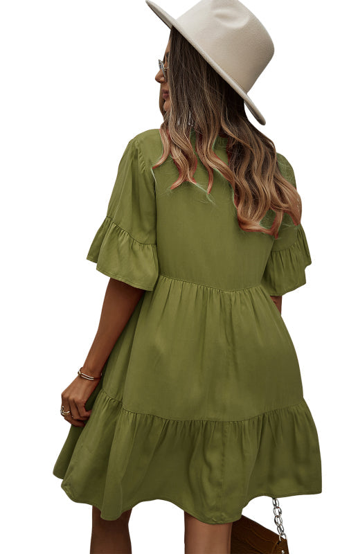 Dress- Relaxed Elegance: V-Neck Ruffle Mini Dress - Hurry, Shop Now!- - IndioGear Fashion and Gear