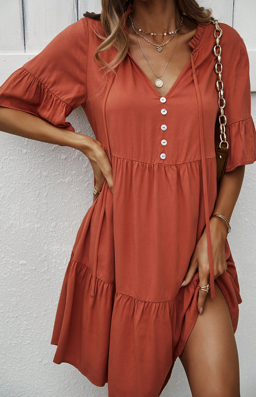 Dress- Relaxed Elegance: V-Neck Ruffle Mini Dress - Hurry, Shop Now!- - IndioGear Fashion and Gear