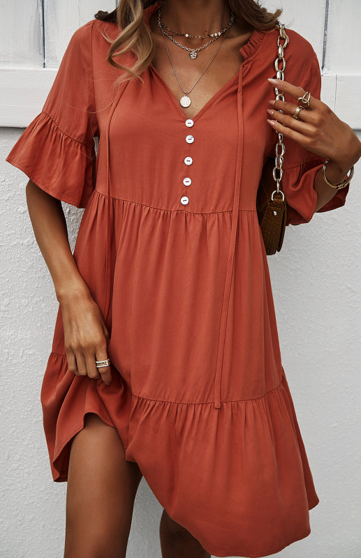 Dress- Relaxed Elegance: V-Neck Ruffle Mini Dress - Hurry, Shop Now!- - IndioGear Fashion and Gear