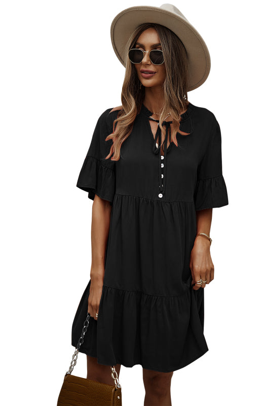 Dress- Relaxed Elegance: V-Neck Ruffle Mini Dress - Hurry, Shop Now!- - IndioGear Fashion and Gear