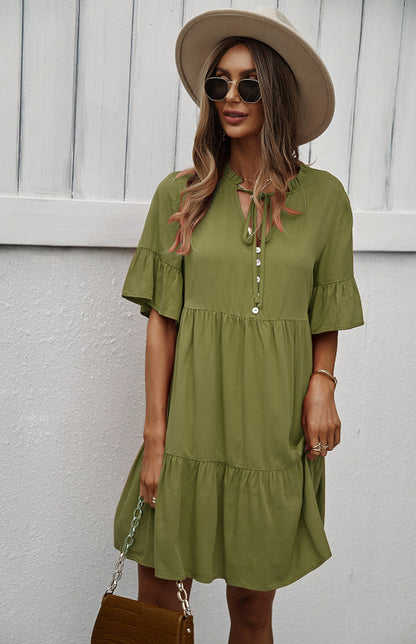 Dress- Relaxed Elegance: V-Neck Ruffle Mini Dress - Hurry, Shop Now!- Green- IndioGear Fashion and Gear