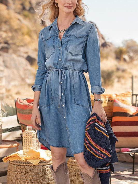 Dress- Retro Chic Women's Casual Denim Cotton Shirt Chambray Off-White Dress- Blue- IndioGear Fashion and Gear