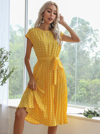 Dress- Romantic Polka Dot Midi Dress with Belted Waist and Pleated Skirt- Yellow- IndioGear Fashion and Gear