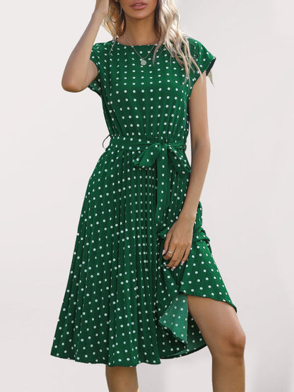 Dress- Romantic Polka Dot Midi Dress with Belted Waist and Pleated Skirt- Deep green- IndioGear Fashion and Gear