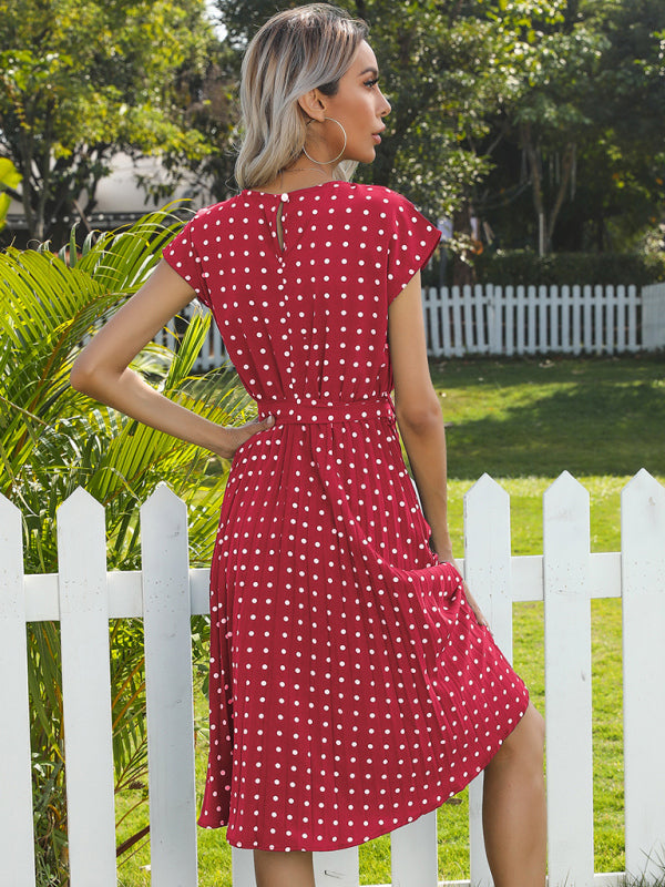 Dress- Romantic Polka Dot Midi Dress with Belted Waist and Pleated Skirt- - IndioGear Fashion and Gear