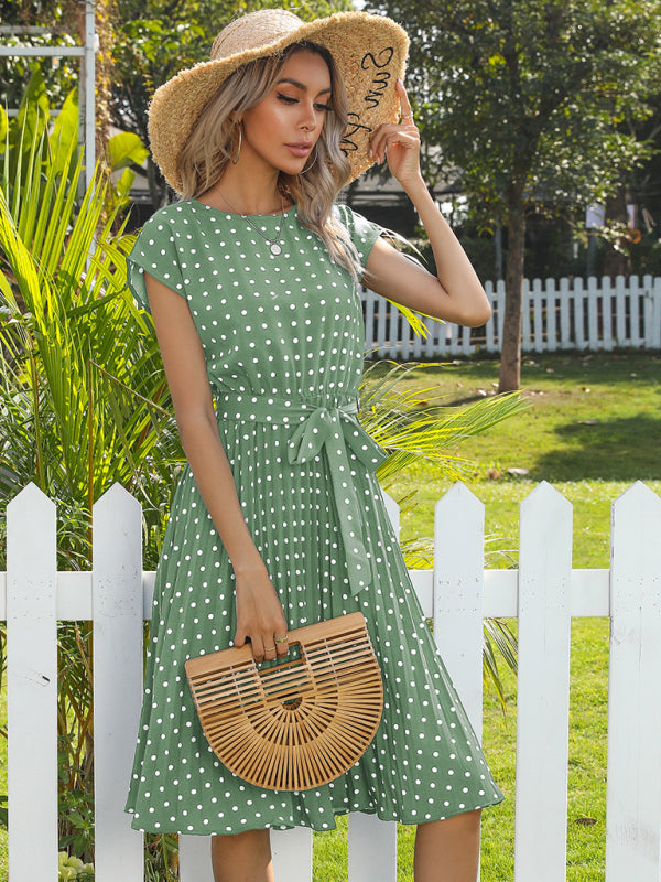 Dress- Romantic Polka Dot Midi Dress with Belted Waist and Pleated Skirt- - IndioGear Fashion and Gear