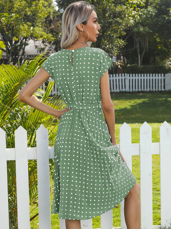 Dress- Romantic Polka Dot Midi Dress with Belted Waist and Pleated Skirt- - IndioGear Fashion and Gear