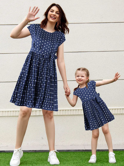 Dress- Romantic Polka Dot Midi Dress with Belted Waist and Pleated Skirt- - IndioGear Fashion and Gear