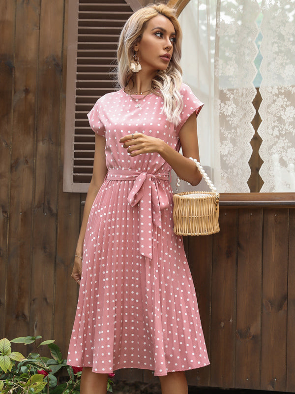 Dress- Romantic Polka Dot Midi Dress with Belted Waist and Pleated Skirt- - IndioGear Fashion and Gear