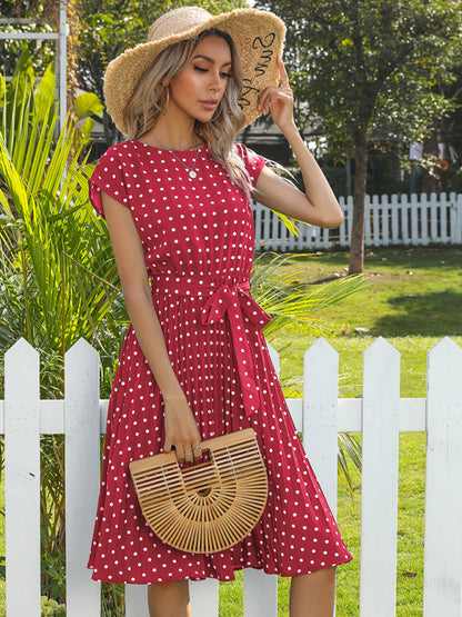 Dress- Romantic Polka Dot Midi Dress with Belted Waist and Pleated Skirt- - IndioGear Fashion and Gear