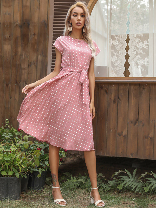 Dress- Romantic Polka Dot Midi Dress with Belted Waist and Pleated Skirt- - IndioGear Fashion and Gear