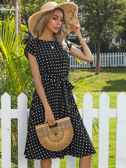 Dress- Romantic Polka Dot Midi Dress with Belted Waist and Pleated Skirt- - IndioGear Fashion and Gear