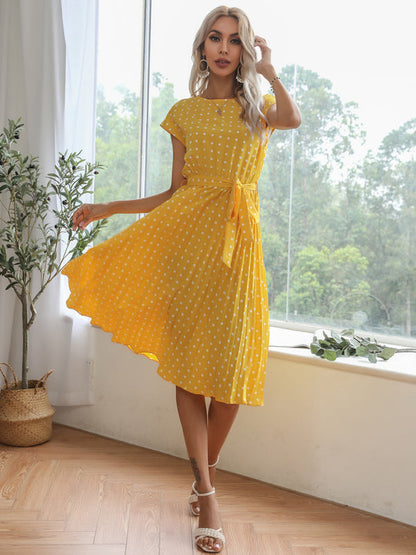 Dress- Romantic Polka Dot Midi Dress with Belted Waist and Pleated Skirt- - IndioGear Fashion and Gear