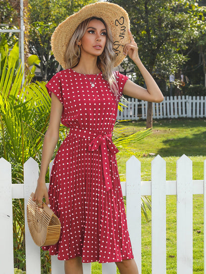 Dress- Romantic Polka Dot Midi Dress with Belted Waist and Pleated Skirt- Red- IndioGear Fashion and Gear