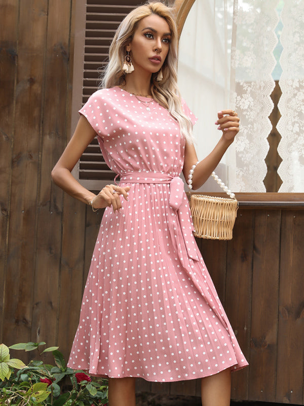 Dress- Romantic Polka Dot Midi Dress with Belted Waist and Pleated Skirt- - IndioGear Fashion and Gear