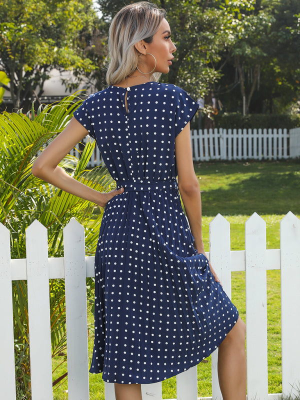 Dress- Romantic Polka Dot Midi Dress with Belted Waist and Pleated Skirt- - IndioGear Fashion and Gear