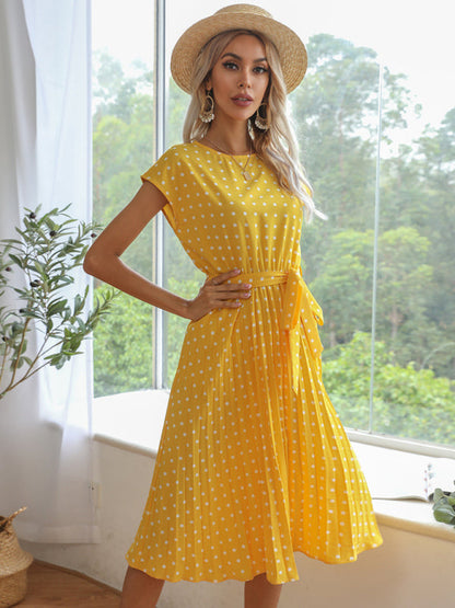 Dress- Romantic Polka Dot Midi Dress with Belted Waist and Pleated Skirt- - IndioGear Fashion and Gear