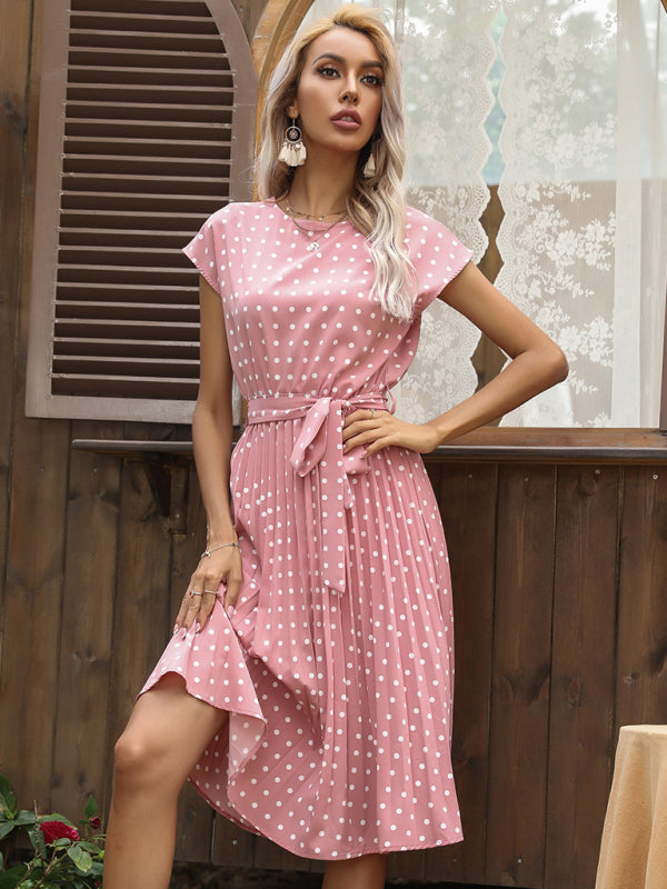 Dress- Romantic Polka Dot Midi Dress with Belted Waist and Pleated Skirt- Pink- IndioGear Fashion and Gear