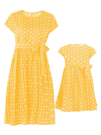 Dress- Romantic Polka Dot Midi Dress with Belted Waist and Pleated Skirt- - IndioGear Fashion and Gear