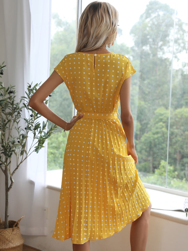 Dress- Romantic Polka Dot Midi Dress with Belted Waist and Pleated Skirt- - IndioGear Fashion and Gear