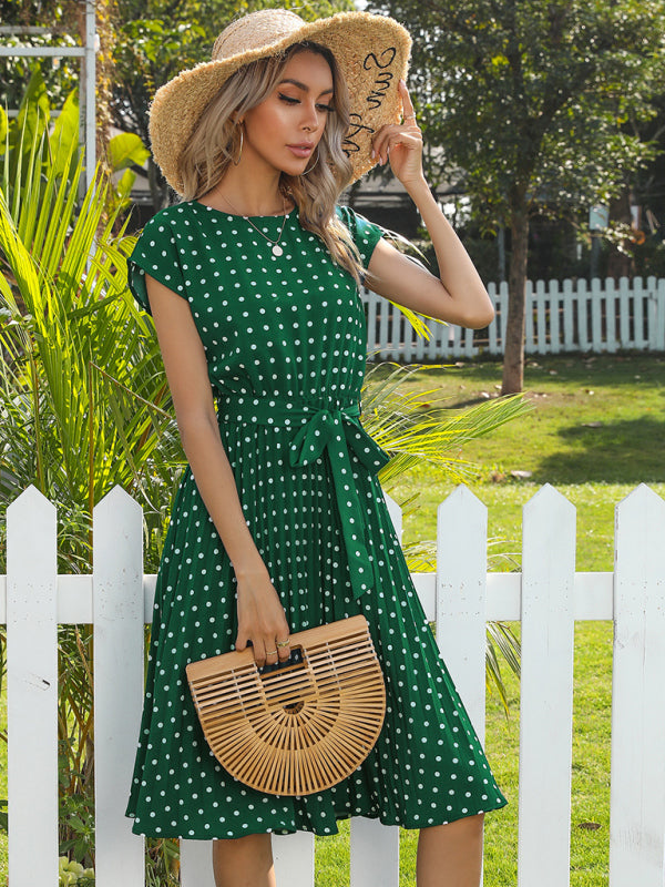 Dress- Romantic Polka Dot Midi Dress with Belted Waist and Pleated Skirt- - IndioGear Fashion and Gear