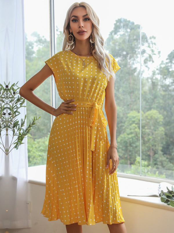 Dress- Romantic Polka Dot Midi Dress with Belted Waist and Pleated Skirt- - IndioGear Fashion and Gear