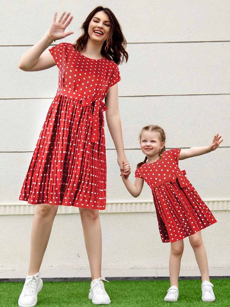 Dress- Romantic Polka Dot Midi Dress with Belted Waist and Pleated Skirt- - IndioGear Fashion and Gear