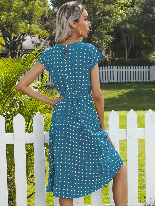 Dress- Romantic Polka Dot Midi Dress with Belted Waist and Pleated Skirt- - IndioGear Fashion and Gear