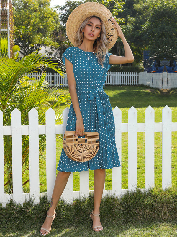 Dress- Romantic Polka Dot Midi Dress with Belted Waist and Pleated Skirt- - IndioGear Fashion and Gear